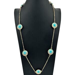 Blue Enamel Rhinestone Pave Reversible Coin Gold Tone Station 39" Necklace